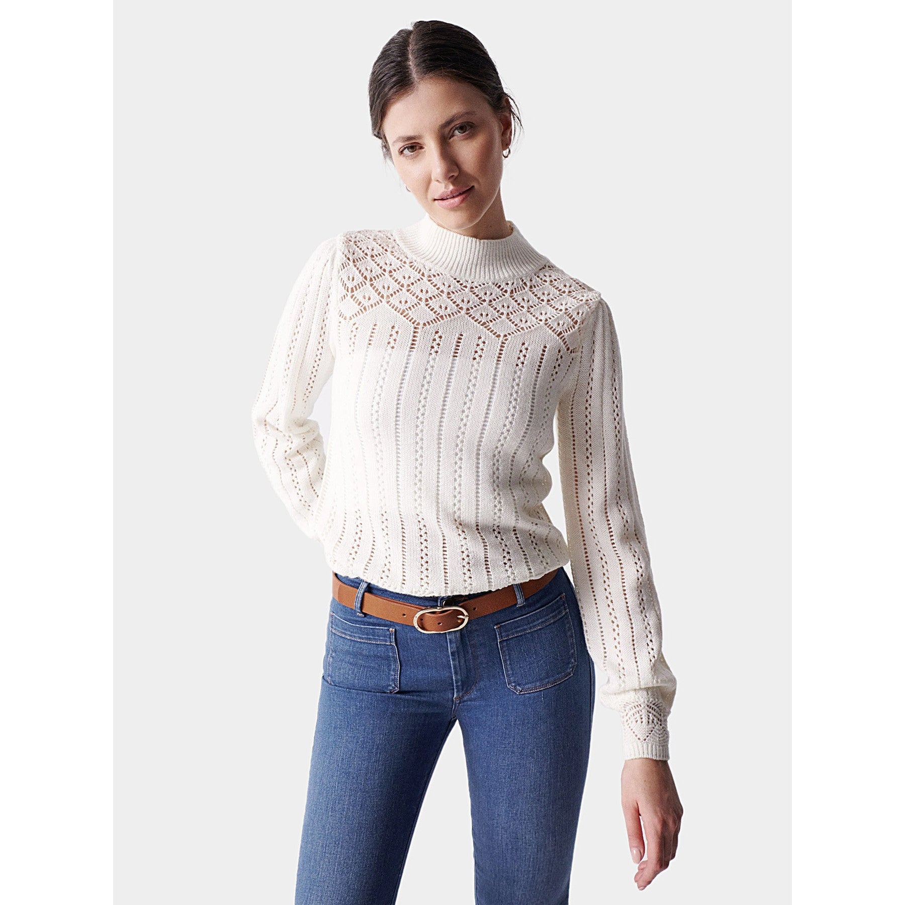 Salsa Women's White Openwork Knit Sweater – Elegant Long Sleeve Pullover Top